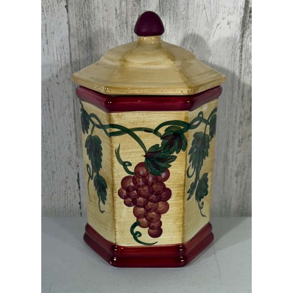 Nonnis Ceramic Hexagon Kitchen Canister 9.5in Grape Vine Tuscan Vineyard READ